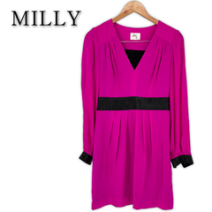 MILLY ミリー 長袖 シルクワンピース ひざ丈 M相当 ピンク レディース ドレス ビビッドカラー 古着 肩パッド入り
