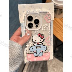 花の小象 ハローキティフルスクリーン KT 猫ケース iPhone 16 15 14 13 12 11 プラスかわいい Y2k 女の子耐衝撃ソフトカバー