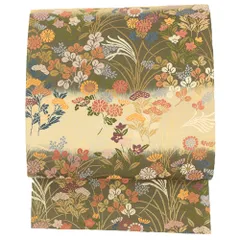 【中古】袋帯 リサイクル 正絹 豪華唐織 オレンジ ピンク 白 黄緑 緑 黄色 青 深紫 女郎花 萩 すすき 菊 秋草 桔梗 横段 礼装 No.6-1397