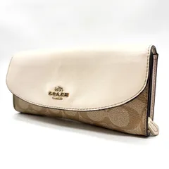 【良品】 COACH コーチ 長財布 ロングウォレット フラップ シグネチャー バイカラー 馬車金具 ロゴ型押し ゴールド金具 定期入れ カードケース 小銭入れ PVCレザーレディース ベージュ 肌色 ホワイト 白色