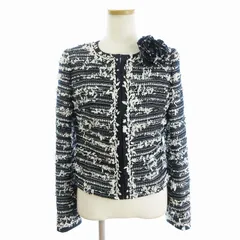 ハロッズ Harrods 美品 ツイードジャケット ブレザー ノーカラー フックボタン ブローチ付き 紺 ネイビー 2のサムネイル