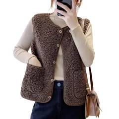 【新品】 [Augseed] ボア ベスト ジレ レディース ノースリーブ 秋 冬 シャギー もこもこ トップス 無地 クルーネック 前開き ポケット付き おしゃれ 大きいサイズ ゆったり ジップ ボタン アウター 部屋着 暖かい 可愛い 防寒 保温 重ね 1