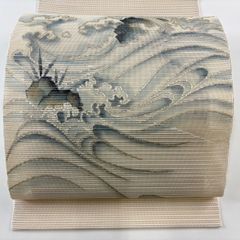 名古屋帯 美品 秀品 落款 夏帯 八寸名古屋帯 トンネル仕立て 絽 波 波頭 金銀彩 ベージュ 正絹 【中古】