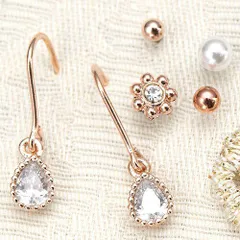 NAPA フックピアス レディース スタッドピアスセット ステンレス製 ジプシー ドロップストーンフリンジ キュービックジルコニア ボール パール フラワー 6点セット お買い得 金属アレルギー対応 メール便送料無料 秋冬 大人気