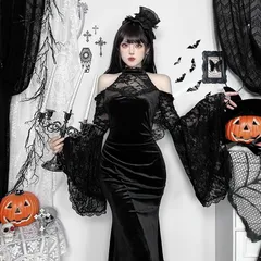 新品未使用 暗黒ゴシック オフショルダー 長袖 ヴィンテージ風 ロングドレス 秋冬用 シックで妖艶なデザイン 包み込むシルエット ウエストシェイプ 女性用 夜会 衣装 撮影会 コスプレ ハロウィン衣装 イベント用 プレゼントにも最適 キャミワンピース 新品未使用 暗黒ゴシック オフショルダー 長袖 ヴィンテージ風 ロング