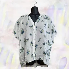 GLOBAL WORK　グローバルワーク　ブラウス　ホワイト　レディース　ボタニカル柄　花柄　Vネック　シャツ　ノーカラー　フレンチスリーブ