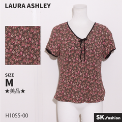 ★美品★ LAURA ASHLEY ローラアシュレイ トップス　カットソー　半袖　花柄　リボン　裏地付き　華やか 　ピンク　ブラウン　 【H1055-00】 送料無料　古着　レディース