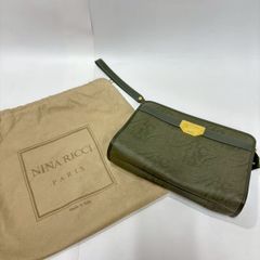 ★M3 NINARICCI ニナリッチ レザー クラッチバッグ セカンドバッグ 内側チャック収納・外側収納あり ファスナータイプ 保存袋付き グリーン レディース バッグ