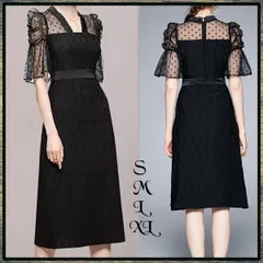ブラックドレス  パーティー  パフスリーブ ドレス 袖フレア 高級感 上品 膝丈ワンピース パーティドレス 　 フォーマルワンピ  総レース　 お呼ばれ 結婚式 二次会　 披露宴  謝恩会  クリスマス 裏地あり