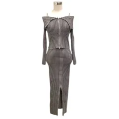 リップサービス LIP SERVICE ニット セットアップ ジップカーディガン スカート リブ タイト ロング丈 長袖 F グレー