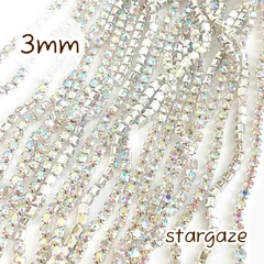 【 1m 】 約3㎜ ラインストーンチェーン 連爪 オーロラクリア×シルバー台座