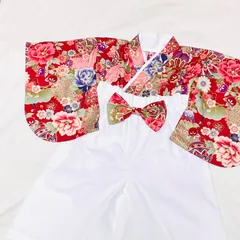 ベビー袴　ハンドメイド　ベビー着物　赤　花柄　鞠　白　60 70 80サイズ