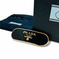 新品 PRADA ロゴ メタル ヘアクリップ バレッタ ブラック ゴールド プラダ