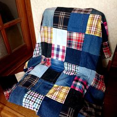 87☆USEDデニムリメイク マルチカバー 127×127センチ 座椅子カバー 2人かけソファーカバー パッチワーク ベランピング アウトドア キャンプ☆