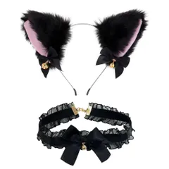 猫耳 カチューシャ 2点セット 鈴付き リボン付き かわいい ねこ耳 ねこみみ 黒猫 ふわふわ コスプレ 仮装 小物 ヘアアクセサリー ヘッドバンド