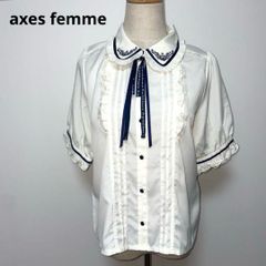 美品✦アクシーズファムaxes femme半袖ブラウスLグレー/ネイビーリボン 