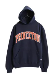 【お得なクーポン配布中!】 90s ラッセル カレッジ プリント スウェット フード パーカー メンズ レディース S オールド RUSSELL プルオーバー 裏起毛 プリンストン 紺