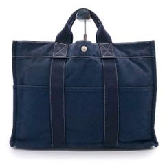 エルメス ドーヴィル MM ハンドバッグ フールトゥ コンパクト タグ 定番 人気 ネイビー ナイロン 布 Hermès