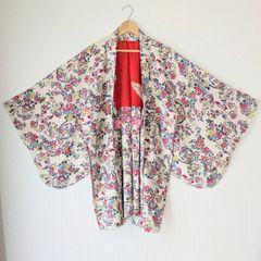 Japanese Vintage Haori Long Off-white Floral pattern Silk Kimono Jacket Old-ⅽloth 長羽織 羽織 正絹 白系 花丸文 古布 時代布 一点物 大正浪漫 和洋折衷