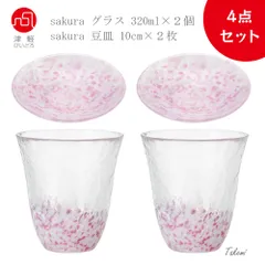 津軽びいどろ sakura さくら４点セット（タンブラー２個と豆皿２枚）  日本製 化粧箱入 ミニプレート 取皿 小皿 ビール ジュース プレート  おしゃれ 食器 ガラス 結婚祝い プレゼント ギフト 贈り物 祝い