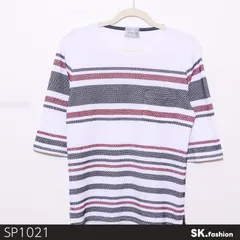 美品 NICOLE CLUB FOR MEN ニコルクラブフォーメン トップス Tシャツ 五分袖 ボーダー柄 胸ポケット クルーネック カジュアル 　ホワイト　 【SP1021-00】 送料無料　古着　メンズ