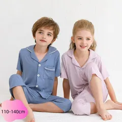 キッズ パジャマ 半袖 ルームウエア 上下セット 子供服 肌に優しい 接触冷感 前開き 春 夏 子供 男子 涼しい 薄手 前ボタン 部屋着 かわいい 子供パジャマ サッカー素材 肌に優しい 七分丈パンツ おそろい Ofro613