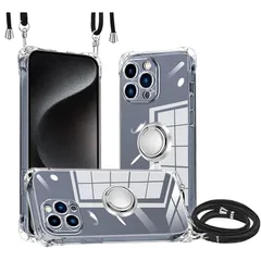 iPhone 15 Pro Max 用 ケース クリア 耐衝撃 ショルダー リング付き iphone 15 pro max カバー 肩掛け 首掛け 縄掛け 斜めがけ 紐付き 長さ調整可能 1.5M 韓国 黄変防止 耐衝撃 米軍MIL規格 スタンド機能 角度
