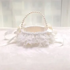 かご ウェディング 花かご ホワイト 白 レース パール リボン 子供 結婚式 フラワーガール リングボーイ 花びら入れ 指輪用 リングピロー 手提げ 丸型 布製 リボン飾り イベント パーティー 小物