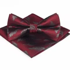 蝶ネクタイ　ポケットチーフ 2点セット　羽柄　花柄 ワンタッチ　ワインレッド色　シルバー　ブラウン色　結婚式　イベント　パーティー　発表会　卒業式　卒園式　入社式　入学式　成人式　父の日　七五三　お祝い　クリスマス　ダンスパーティー　バーテンダー　メンズ　格安