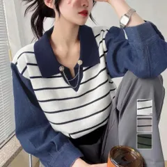 ポロカラーニットセーター ボーダー 秋冬