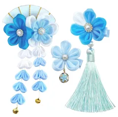 和玉 【4色展開】赤 青 可愛い 紫 緑 桜デザイン 鈴付き 成人式 3点セット 浴衣 袴 つまみ細工 着物 振袖用 髪飾り 和装 手作り 七五三 専用ケース付き 卒業式 [JZOON] 結婚式用 H5806