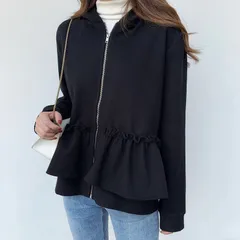 フリルパーカー　フード付き　フロントジップ　大人かわいい　おしゃれ