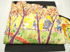平和屋着物●塩瀬　九寸名古屋帯　手描き　樹林文　黒地　正絹　逸品　CAAW4582hy