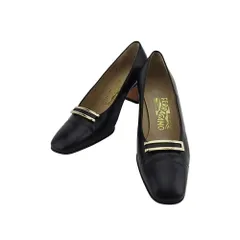 【最大30％OFF】サルヴァトーレフェラガモ Salvatore Ferragamo パンプス ガンチーニ ♯6D スクエアトゥ ブラック ゴールド レディース 中古