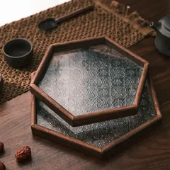 希少✨ フランスアンティーク ヴィンテージ 木製 トレイ お盆 花 ガラス