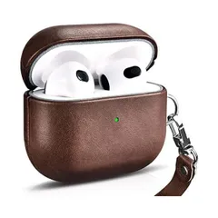 ケース for AirPods 3 EUKUS ケース 革 用 保護 カバー LEDライト可視 持ち運びに便利 (ストラップ付き（ブラ)