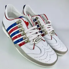 新品未使用★DSQUARED2・ディースクエアード メンズ レザー切替し メタルブランドロゴプレート付き ロゴ刺繍 6ライン スニーカー(42)訳アリ イタリア製 ホワイト メンズ靴