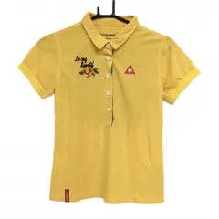 ★SALE価格★【超美品】ルコックゴルフ 半袖ポロシャツ イエロー×ネイビー 花刺しゅう 前立て内側チェック レディース L ゴルフウェア le coq sportif