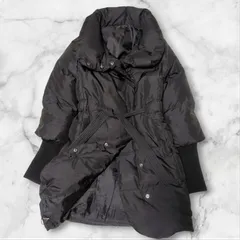 【希少デザイン】Theory　セオリー　リブダウンコート　ビッグカラー　ショールカラー　Aライン　ベルト　リブ　ドローコード　ブラック　黒　レディース　小柄　ニット　ダウン　フェザー　ウール　アクリル　ポリエステル