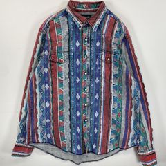 古着 80's～90's/80年代～90年代 ヴィンテージ ラングラー Wrangler デニム 長袖シャツ マルチカラー ウエスタンシャツ スナップボタン 17 2/1-36  XL  レッド 総柄 メンズ