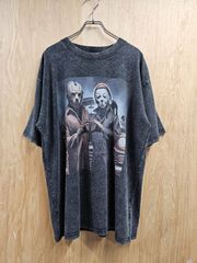 【US古着】Jason and Michael Myers Parody T-Shirt | ジェイソン マイケルマイヤーズ ハートポーズ パロディ プリント ホラームービー 半袖 Ｔシャツ ウォッシュ加工 グレー
