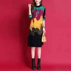 グリーン＆オレンジ＆ブラック【Ｌサイズ】 ひざ丈 ニット　ワンピース　Aライン　体型カバー　大きめ　ゆったり　おしゃれ