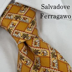 《美品》Salvatore Ferragamo (サルヴァトーレ・フェラガモ) シルクネクタイ イタリー製 総柄 アニマル柄 像 ラクダ 椰子の木 オレンジ