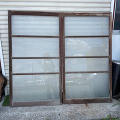 レトロ】木製 建具 2枚セット（モールガラス・霞ガラス）古道具 DIY