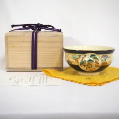 真葛焼 宮川香斎作 御天目 茶碗 台高杯共 無傷 共箱 古物