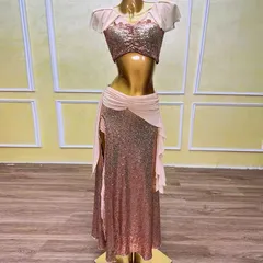 新品未使用 ベリーダンス オリエンタル衣装  トップス スカート オーダーメイド ステージ衣装 スパンコールセットアップ ピンク