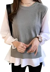 newNE ニューネ2点セット 重ね着風 ブラウス ベスト 長袖 レイヤード ドッキング シャツ トップス レディース 春 秋 プルオーバー 通勤 オフィス ビジネス 通学 大学生 社会人(グレー,  XL)