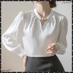 立ち襟ブラウス レディース サテンシャツフォーマル スタンドカラーシャツブラウス 衿元パール オフィスワイシャツ 20代30代40代 通勤服長袖 大人上品春秋夏卒業式ブラウス白 着やせとろみシャツ 入学式卒園式入園式