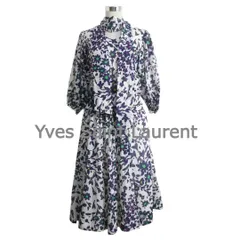 Yves Saint Laurent イヴサンローラン セットアップ 花柄 総柄 ボウタイ パフスリーブ 七分袖 ブラウス ミモレ フレアスカート コットン ホワイト マルチカラー S レディース 美品 中古