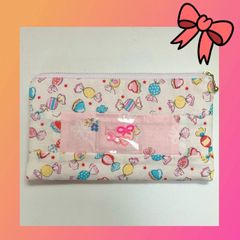 ハンドメイド　パッチdeポーチ　リボン&キャンディ　パッチワーク　ポーチ　フラットポーチ　リボン　キャンディ　デコパーツ　チャーム
